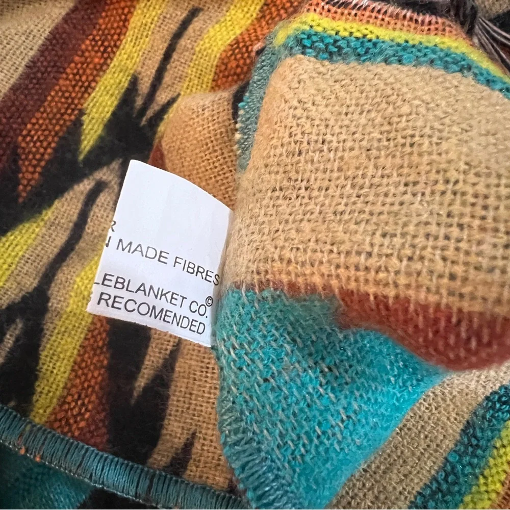Southwestern Print Soft Poncho Fringe Teal Yellow Festival Unisex One Size - Picture 9 of 10